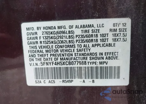 2012 Honda Pilot Ex-L from USA, damaged, VIN 5FNYF4H5XCB077988